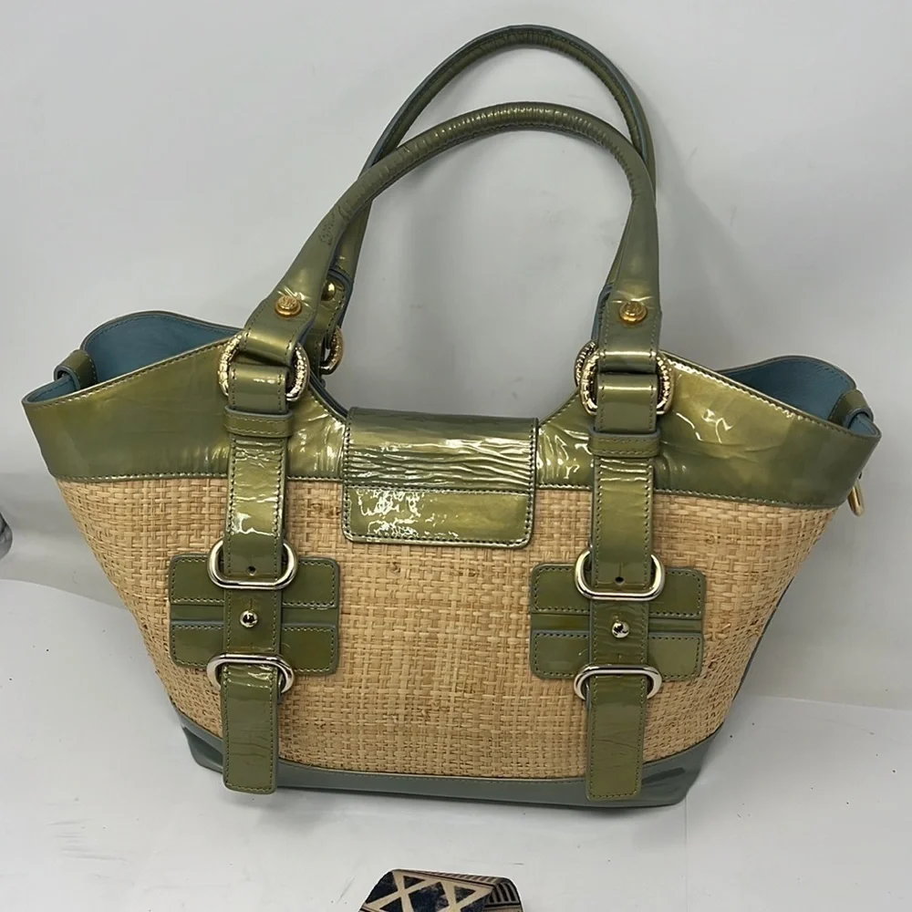 Stuart Weitzman Patent Leather and Raffia Woven Satchel w/ crossbody strap